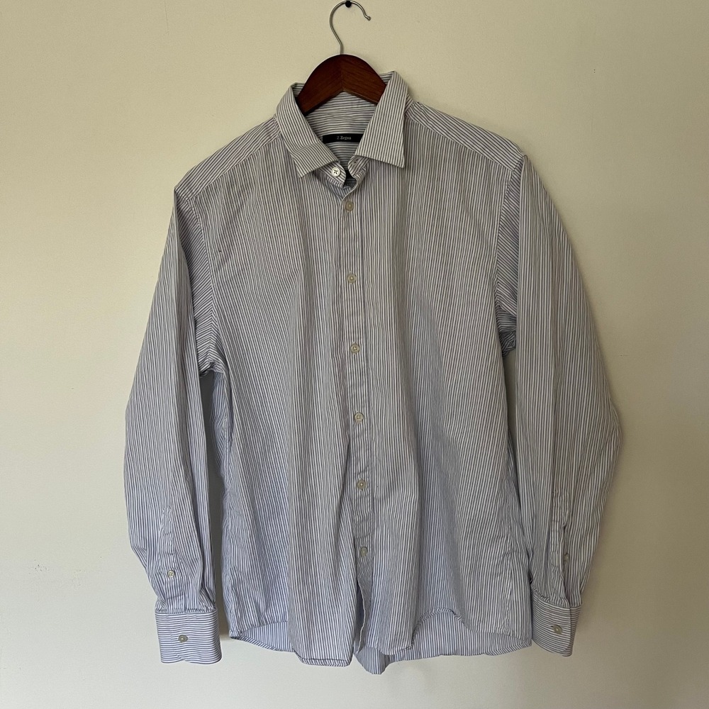 Z Zegna Mens Blue White Striped Button Down Shirt Spread Collar Size 17 43